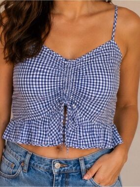 Sugarlips Blue and White Gingham Ruched Crop Camisole Size Small